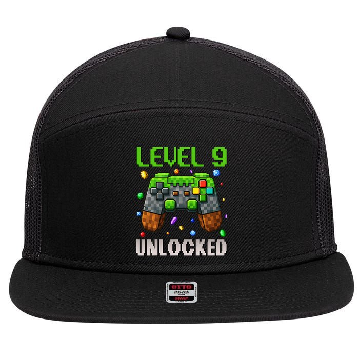 Birthday Level 9 Unlocked 9th Birthday Game Pixel Gift 7 Panel Mesh Trucker Snapback Hat