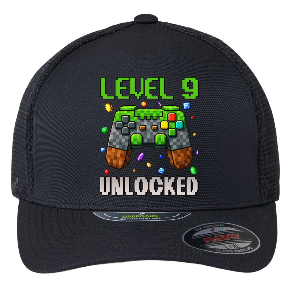 Birthday Level 9 Unlocked 9th Birthday Game Pixel Gift Flexfit Unipanel Trucker Cap