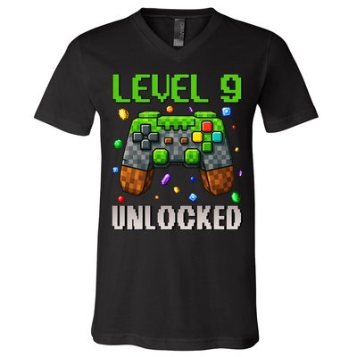 Birthday Level 9 Unlocked 9th Birthday Game Pixel Gift V-Neck T-Shirt