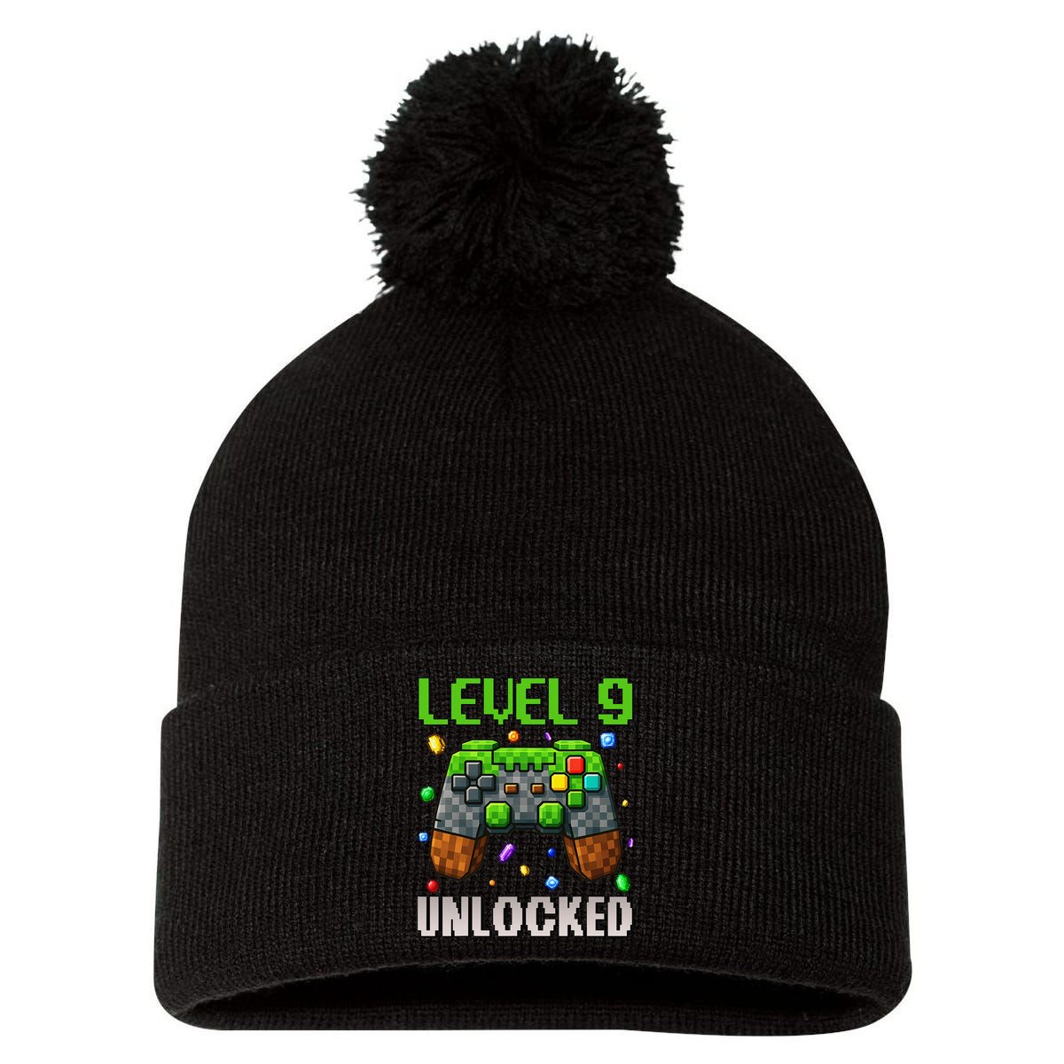Birthday Level 9 Unlocked 9th Birthday Game Pixel Gift Pom Pom 12in Knit Beanie