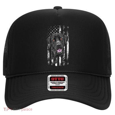 Black Labrador American Flag Patriotic Dog Dad Mom Black Lab High Crown Mesh Back Trucker Hat