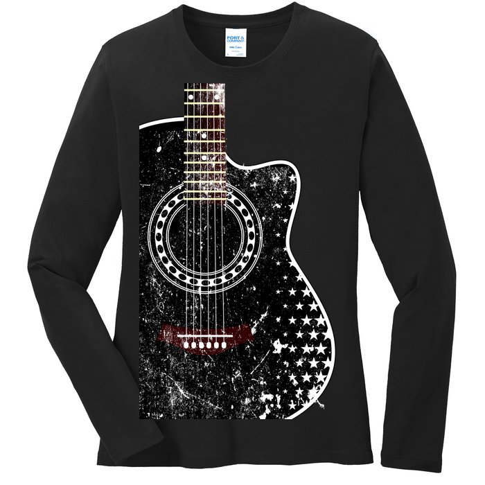 Black Acoustic Guitar Grunge Ladies Long Sleeve Shirt