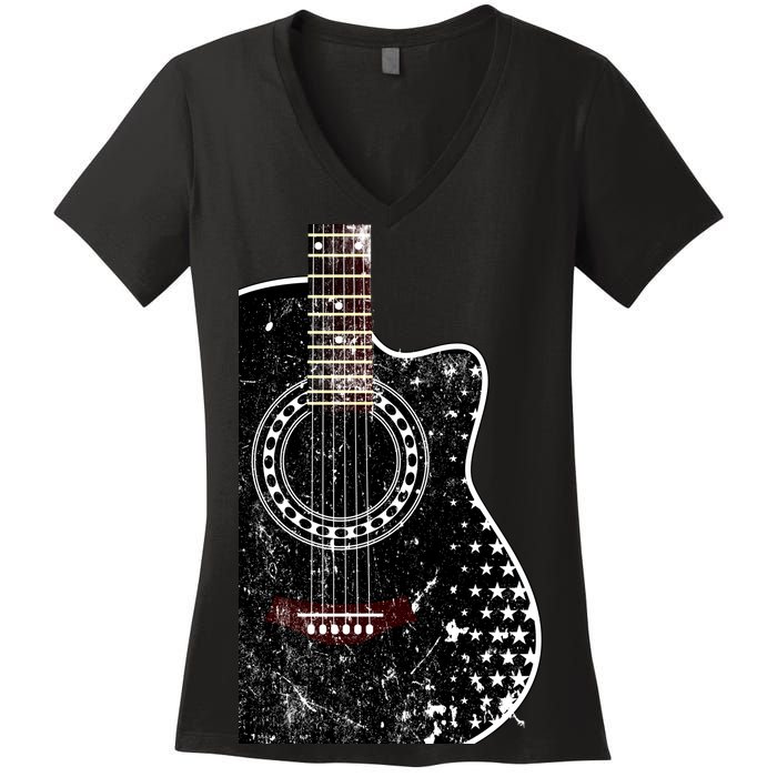 Black Acoustic Guitar Grunge Women's V-Neck T-Shirt