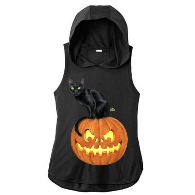 Black Cat Jack O' Lantern Pumpkin Ladies PosiCharge Tri-Blend Wicking Draft Hoodie Tank