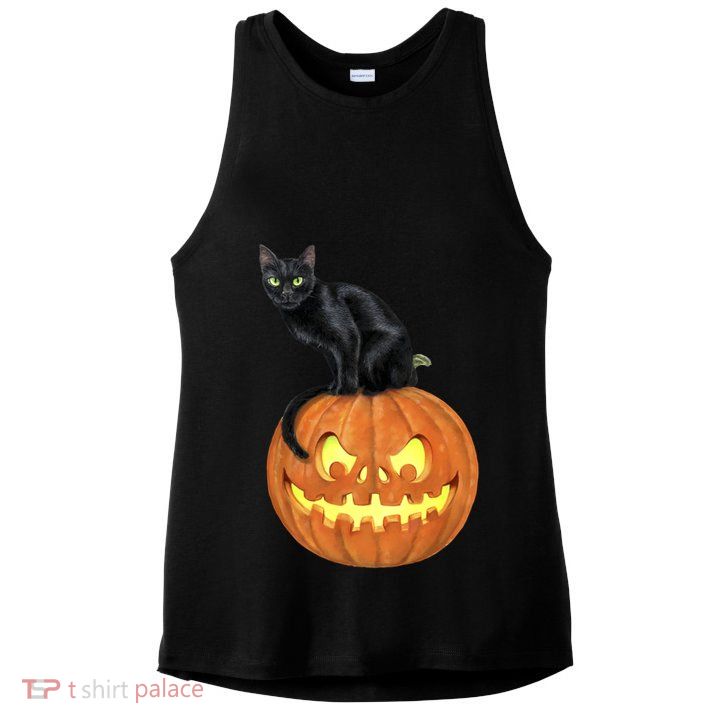 Black Cat Jack O' Lantern Pumpkin Ladies PosiCharge Tri-Blend Wicking Tank