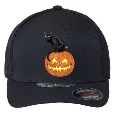 Black Cat Jack O' Lantern Pumpkin Flexfit Unipanel Trucker Cap