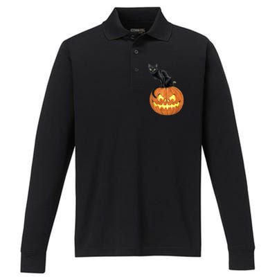 Black Cat Jack O' Lantern Pumpkin Performance Long Sleeve Polo