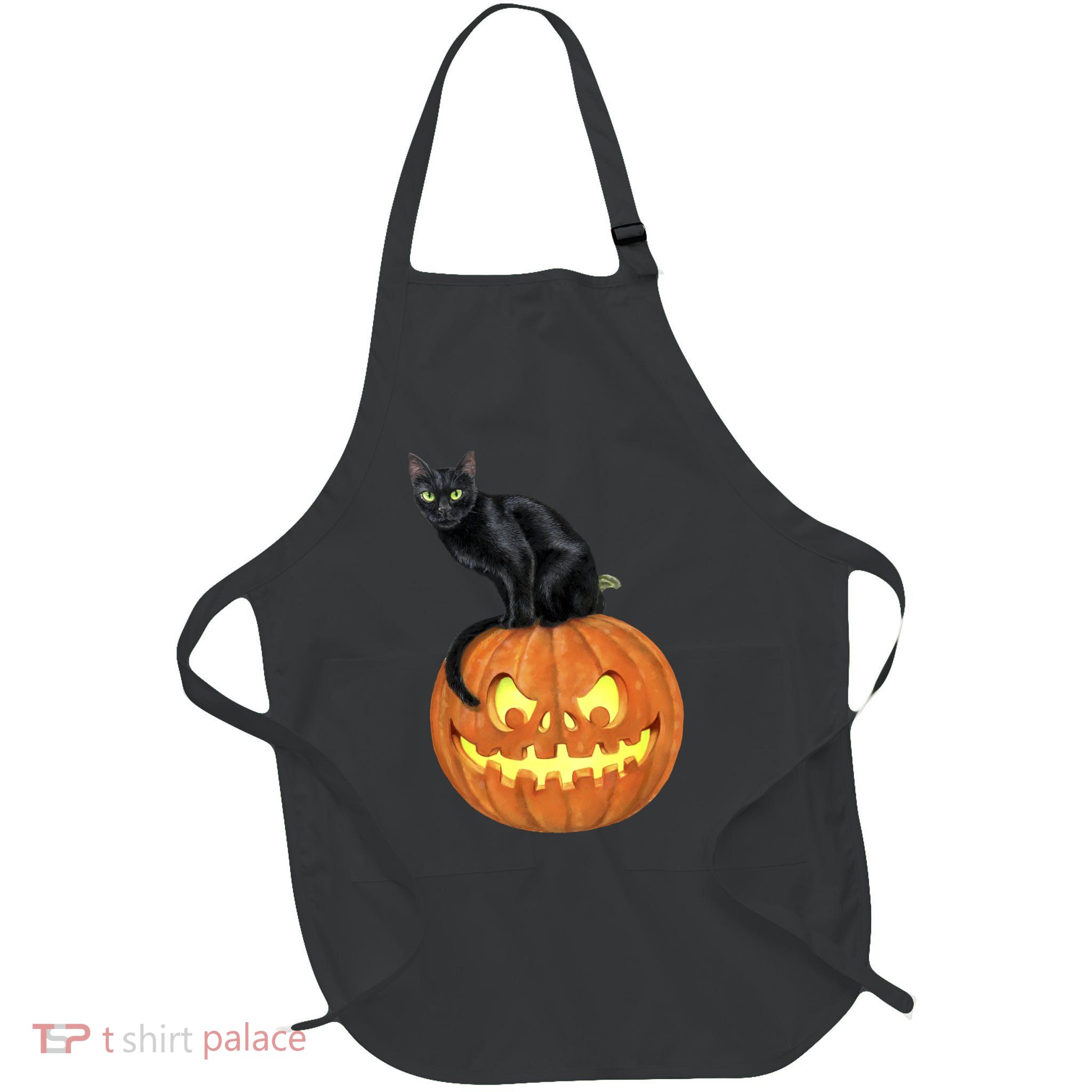 Black Cat Jack O' Lantern Pumpkin Full-Length Apron With Pockets