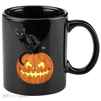 Black Cat Jack O' Lantern Pumpkin 11oz C Handle Ceramic Mug