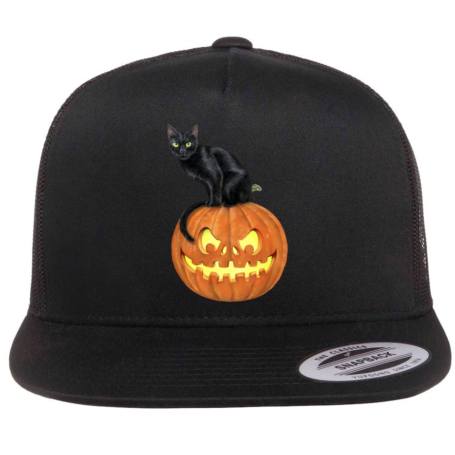 Black Cat Jack O' Lantern Pumpkin Flat Bill Trucker Hat