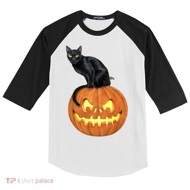 Black Cat Jack O' Lantern Pumpkin Kids Colorblock Raglan Jersey