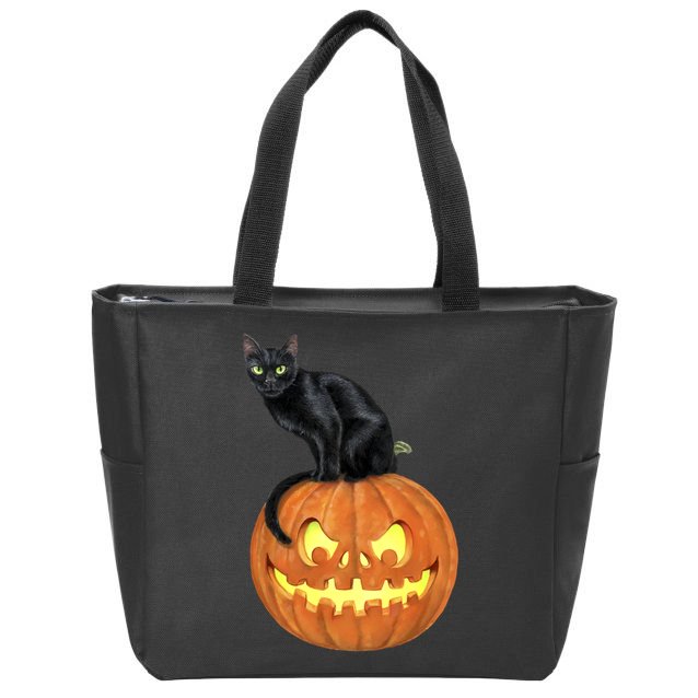 Black Cat Jack O' Lantern Pumpkin Zip Tote Bag