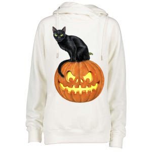 Black Cat Jack O' Lantern Pumpkin Womens Funnel Neck Pullover Hood