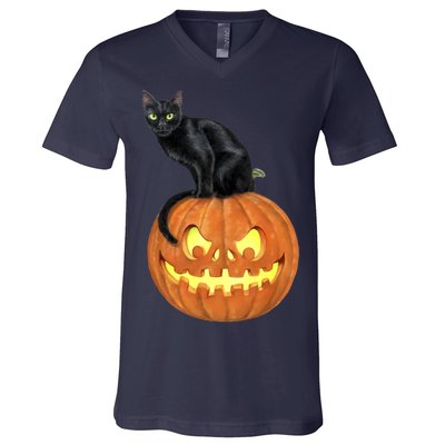 Black Cat Jack O' Lantern Pumpkin V-Neck T-Shirt