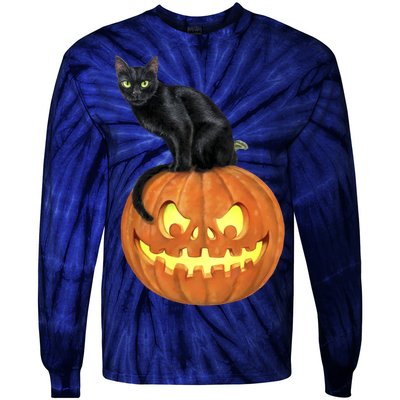 Black Cat Jack O' Lantern Pumpkin Tie-Dye Long Sleeve Shirt