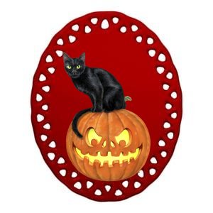 Black Cat Jack O' Lantern Pumpkin Ceramic Oval Ornament