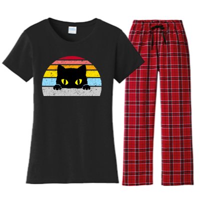 Black Cat Peaking Vintage Women's Flannel Pajama Set