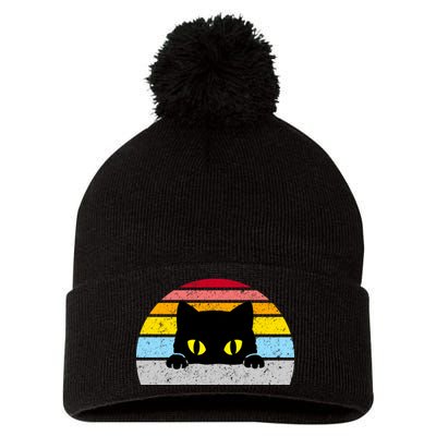 Black Cat Peaking Vintage Pom Pom 12in Knit Beanie