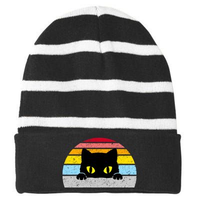 Black Cat Peaking Vintage Striped Beanie with Solid Band