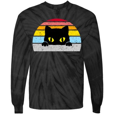 Black Cat Peaking Vintage Tie-Dye Long Sleeve Shirt