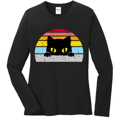 Black Cat Peaking Vintage Ladies Long Sleeve Shirt