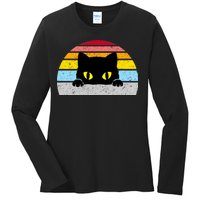 Black Cat Peaking Vintage Ladies Long Sleeve Shirt