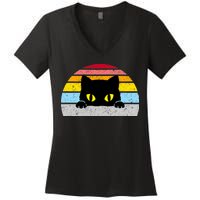 Black Cat Peaking Vintage Women's V-Neck T-Shirt