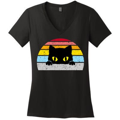 Black Cat Peaking Vintage Women's V-Neck T-Shirt