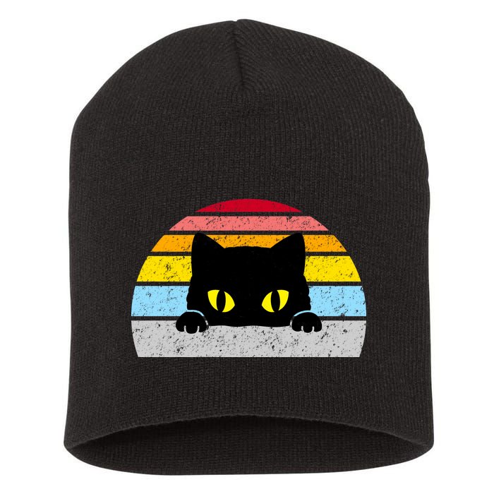 Black Cat Peaking Vintage Short Acrylic Beanie