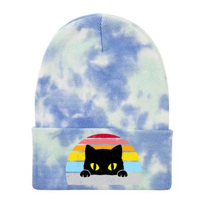 Black Cat Peaking Vintage Tie Dye 12in Knit Beanie