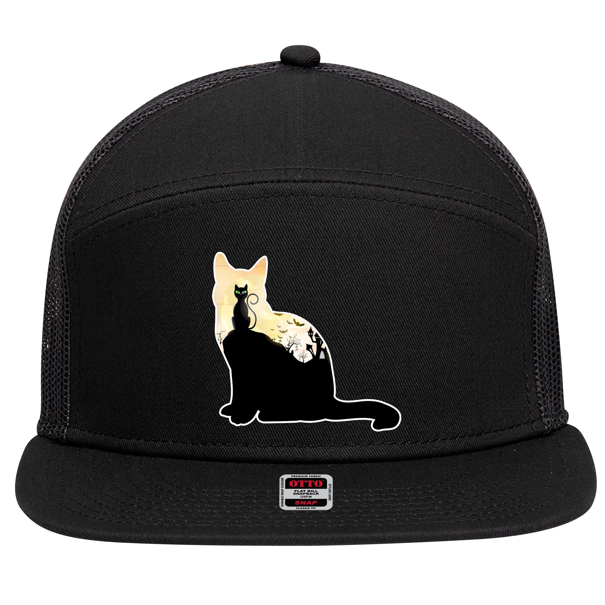 Black Cat Spooky Town 7 Panel Mesh Trucker Snapback Hat