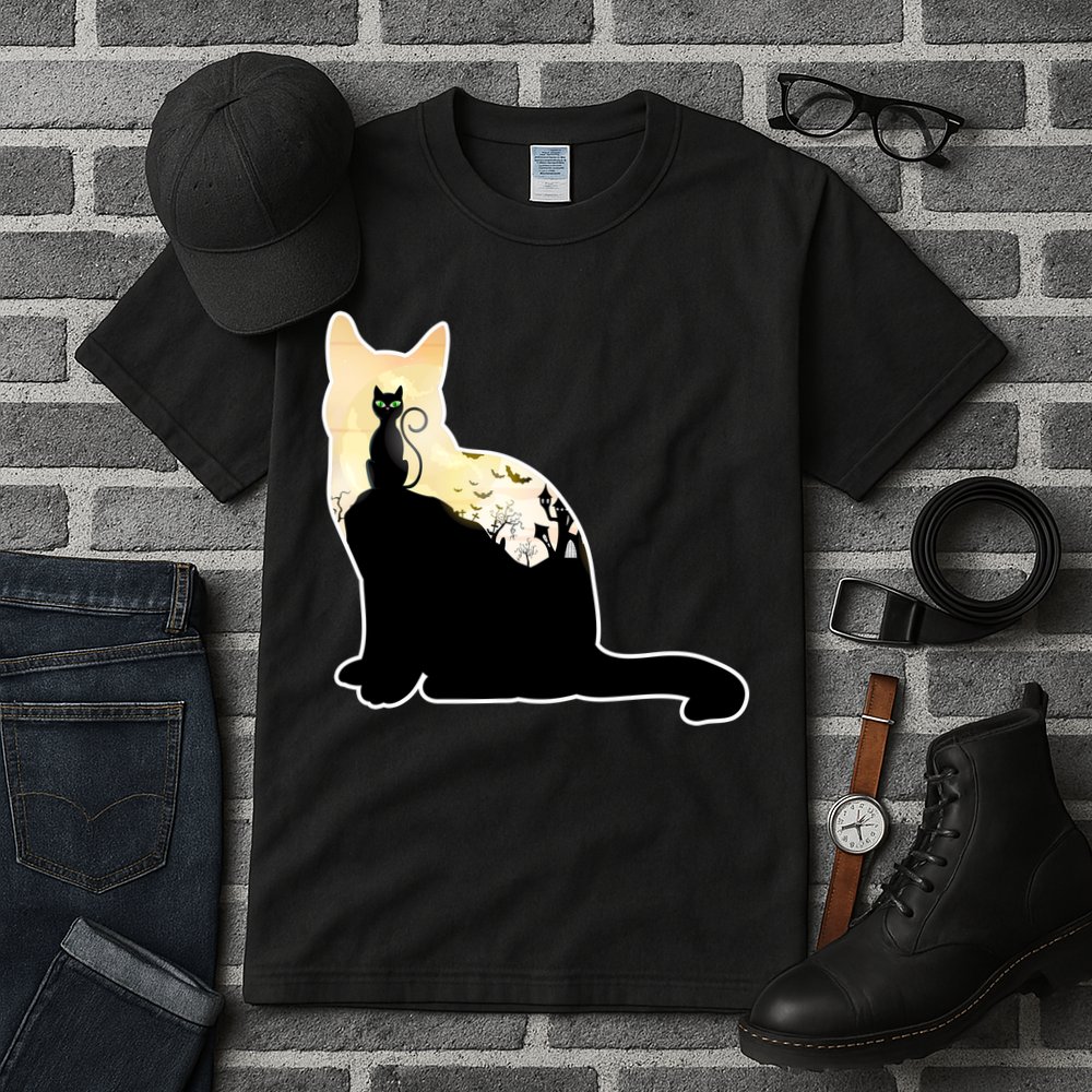 Black Cat Spooky Town Tall T-Shirt