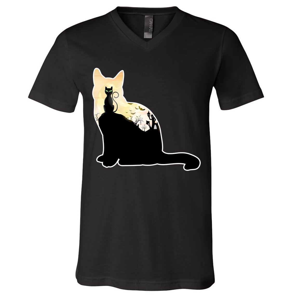 Black Cat Spooky Town V-Neck T-Shirt
