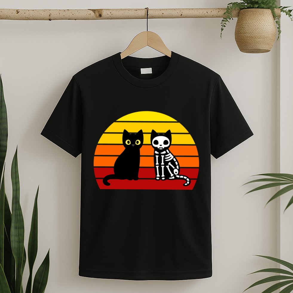 Black Cat Sunset Skeleton T-Shirt