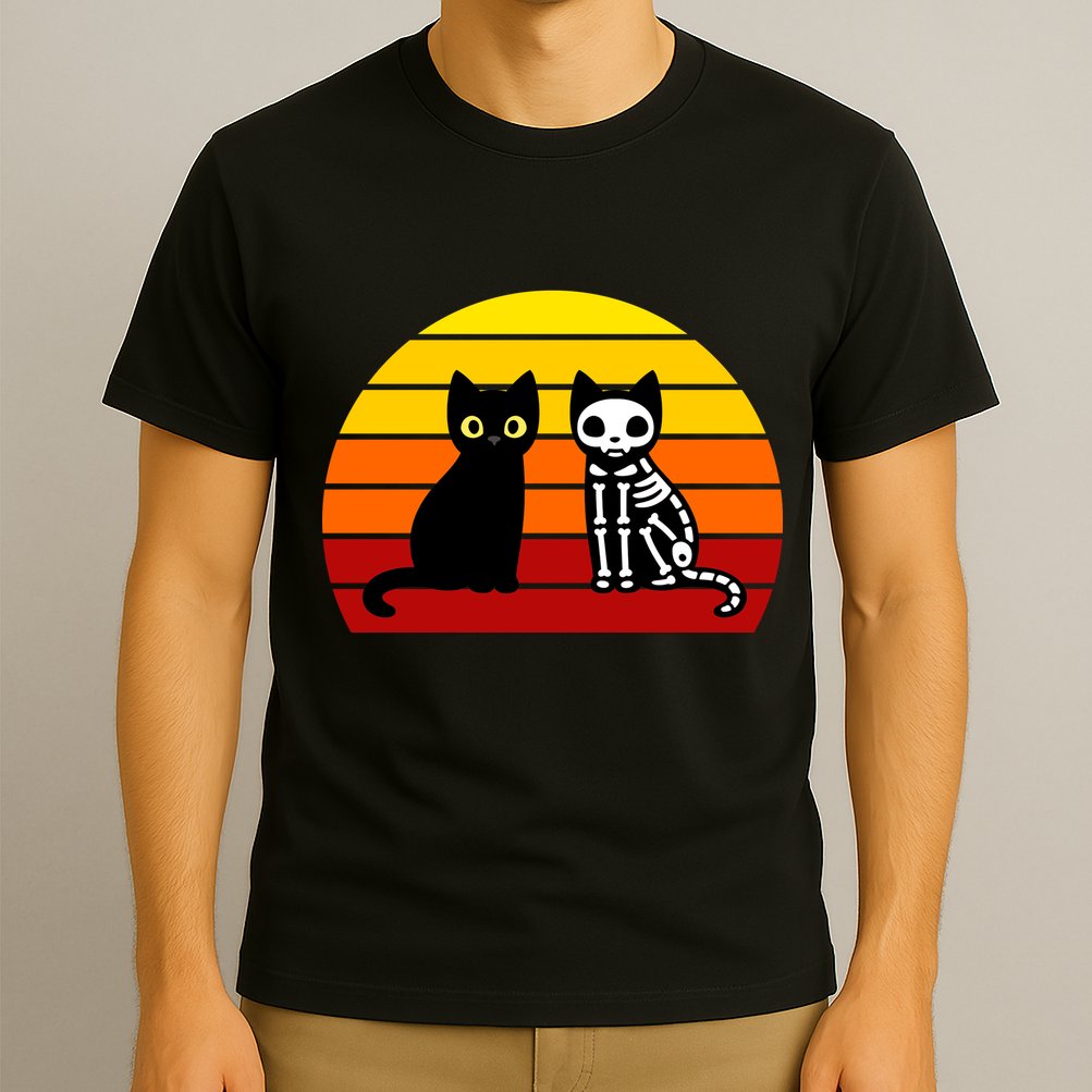 Black Cat Sunset Skeleton T-Shirt