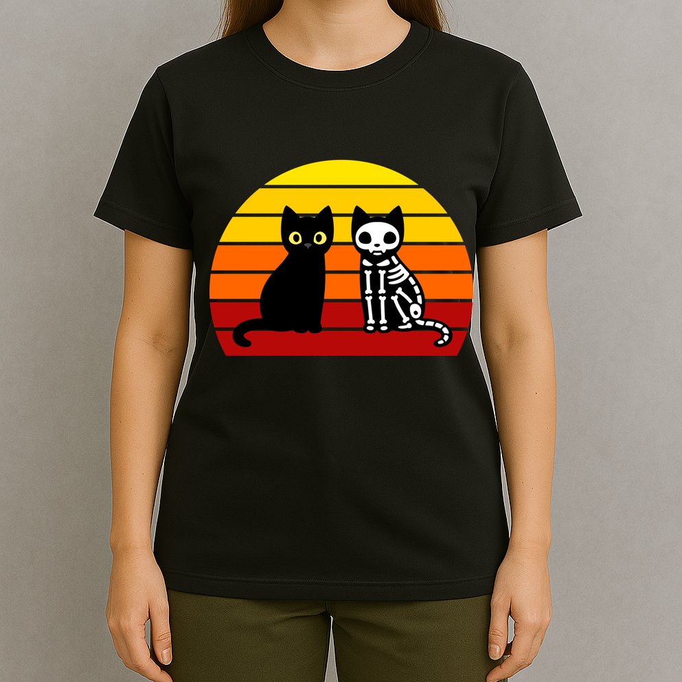 Black Cat Sunset Skeleton T-Shirt
