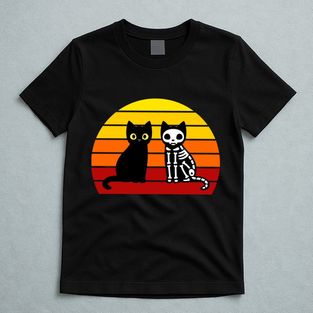 Black Cat Sunset Skeleton T-Shirt
