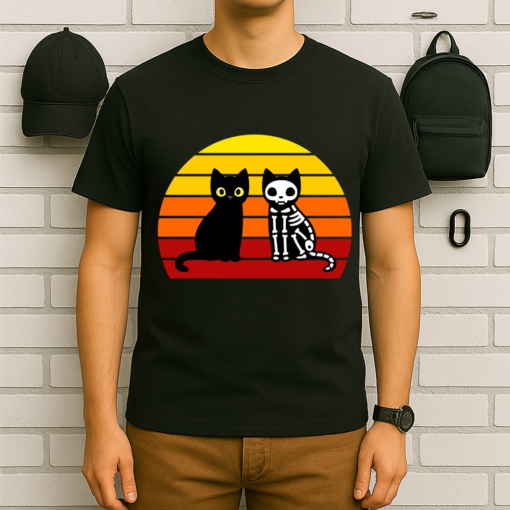 Black Cat Sunset Skeleton T-Shirt