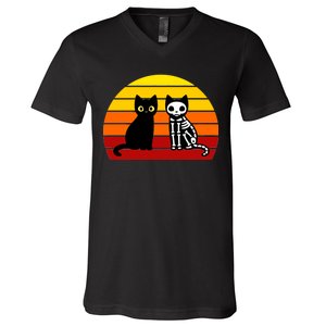 Black Cat Sunset Skeleton V-Neck T-Shirt