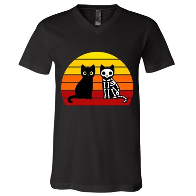 Black Cat Sunset Skeleton V-Neck T-Shirt