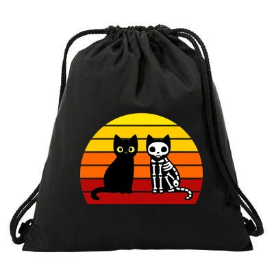Black Cat Sunset Skeleton Drawstring Bag