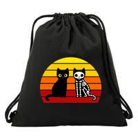 Black Cat Sunset Skeleton Drawstring Bag