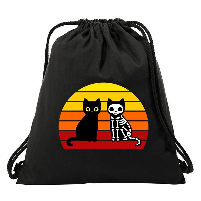 Black Cat Sunset Skeleton Drawstring Bag