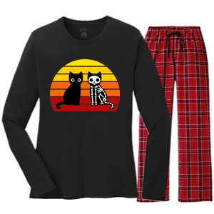 Black Cat Sunset Skeleton Women's Long Sleeve Flannel Pajama Set 