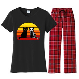 Black Cat Sunset Skeleton Women's Flannel Pajama Set