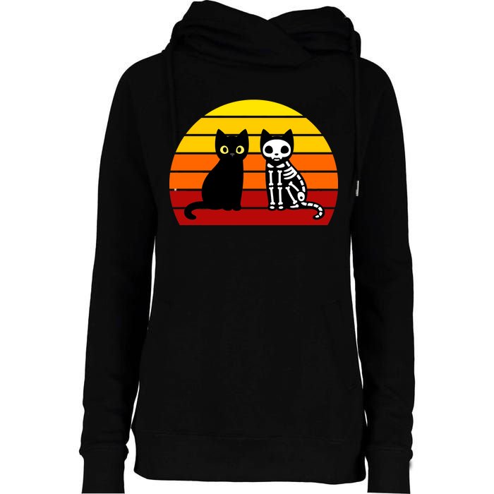 Black Cat Sunset Skeleton Womens Funnel Neck Pullover Hood