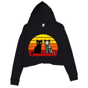 Black Cat Sunset Skeleton Crop Fleece Hoodie