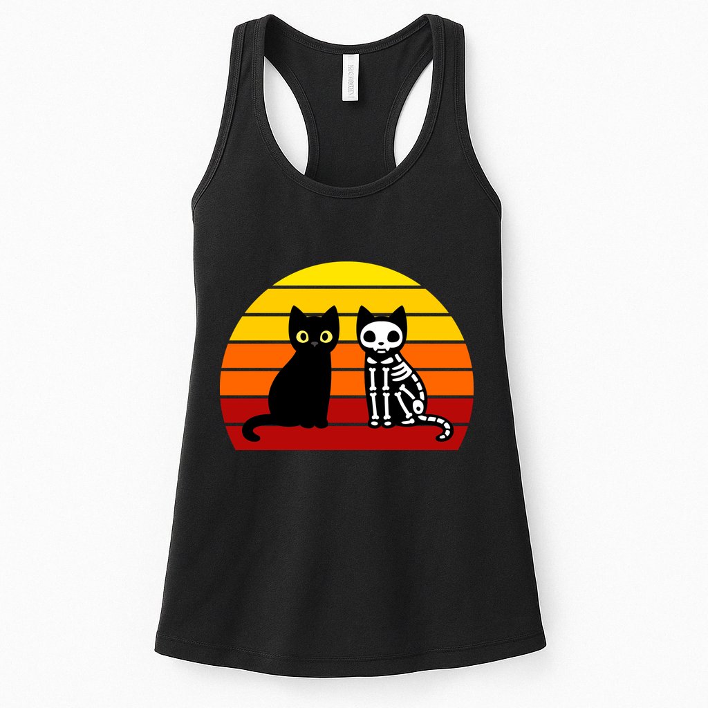 Black Cat Sunset Skeleton Womens Tank Top