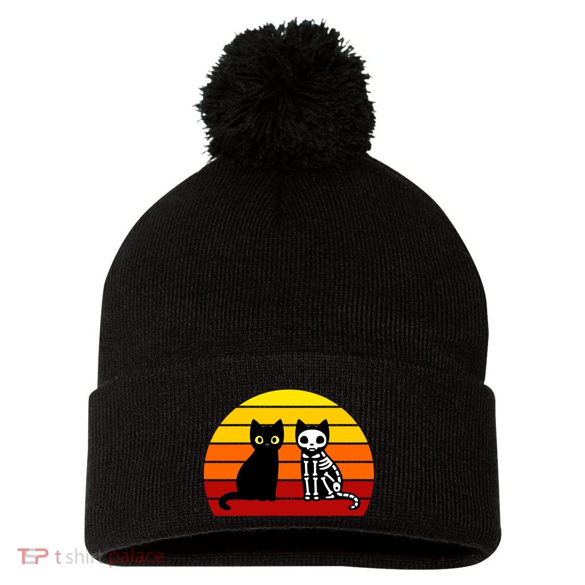 Black Cat Sunset Skeleton Pom Pom 12in Knit Beanie