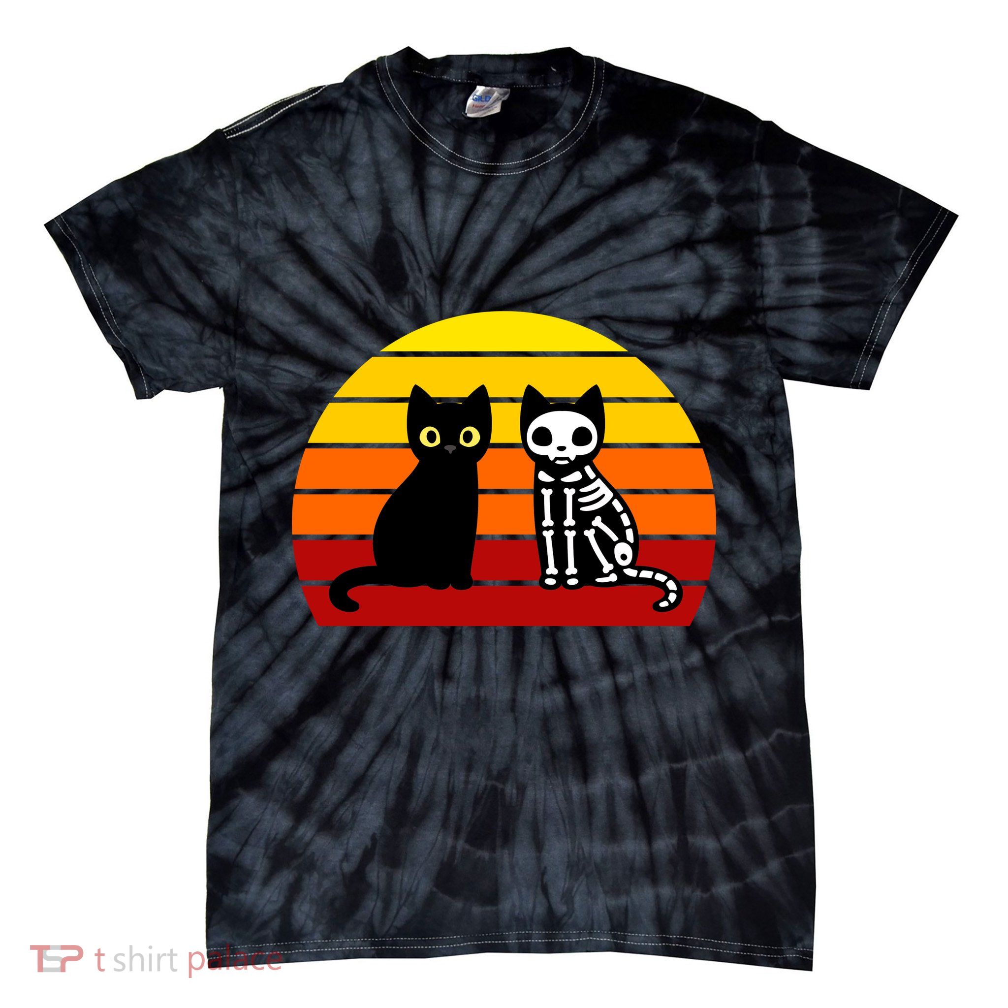 Black Cat Sunset Skeleton Tie-Dye T-Shirt
